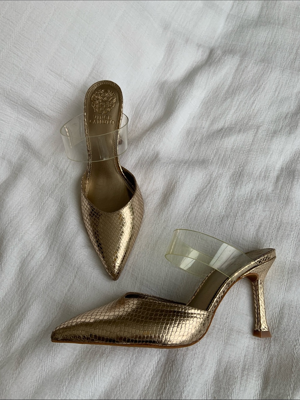 Vince Camuto Gold Metallic Pointed-Toe Mules with Clear Band